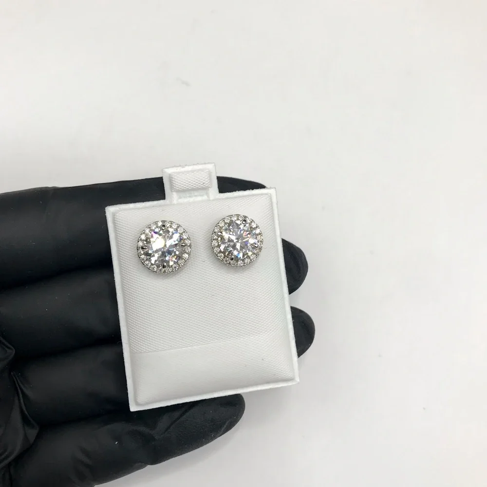 925 Sterling Silver 4.00CT  MOISSANITE  Round Halo Stud Earrings Screw Back